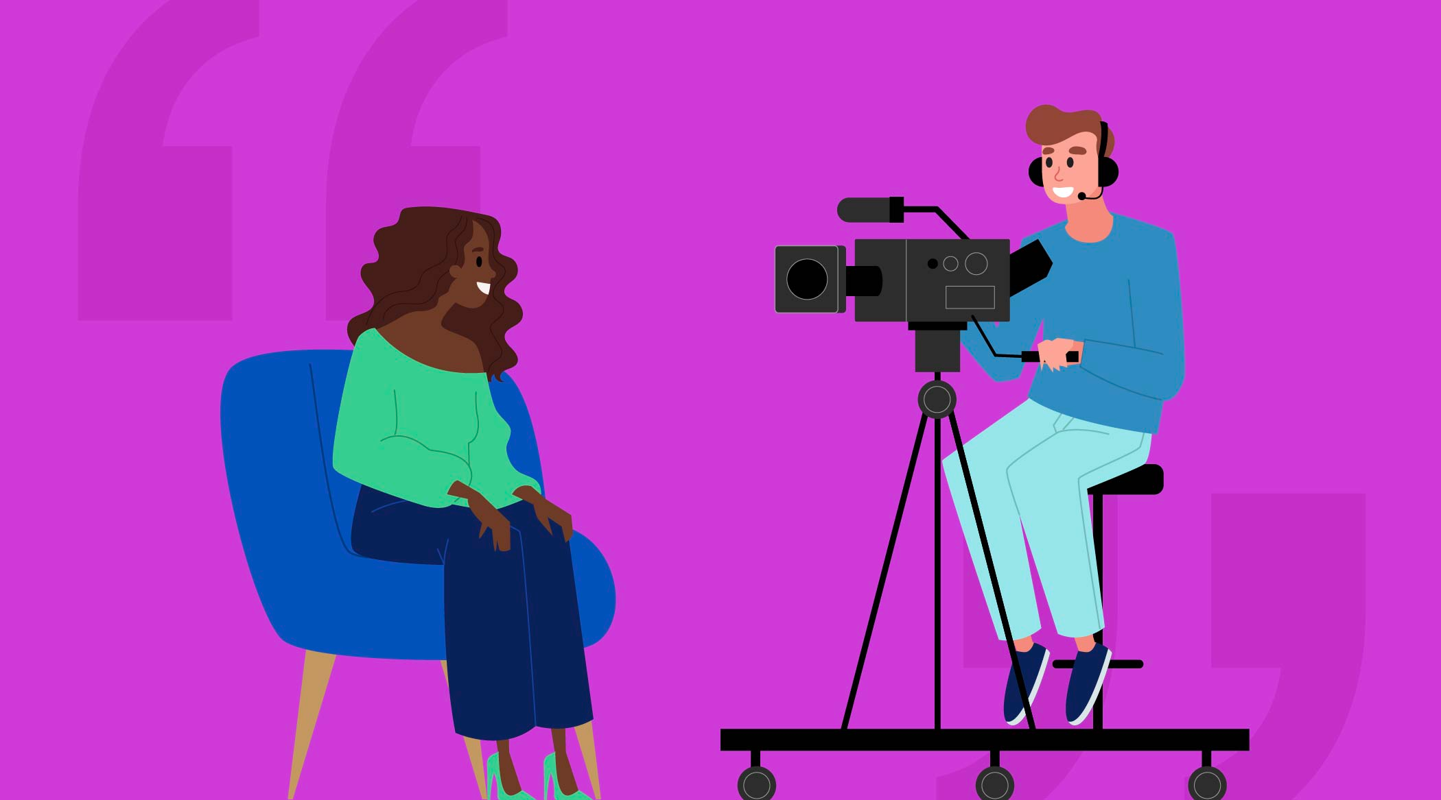 woman being interviewed on camera and man behind camera