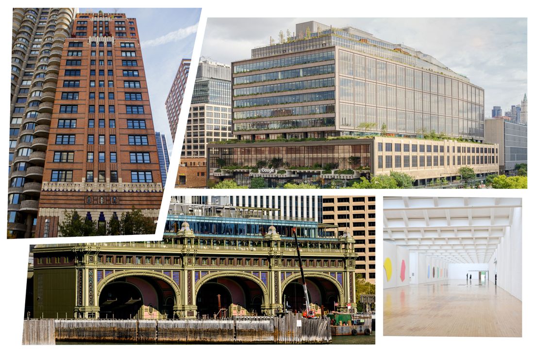 Clockwise from top left: A former Art Deco garage turned apartment tower; Google’s headquarters atop a defunct shipping terminal; Dia Beacon’s conversion of a cardboard-box plant; the Battery Maritime Building, now a private club.