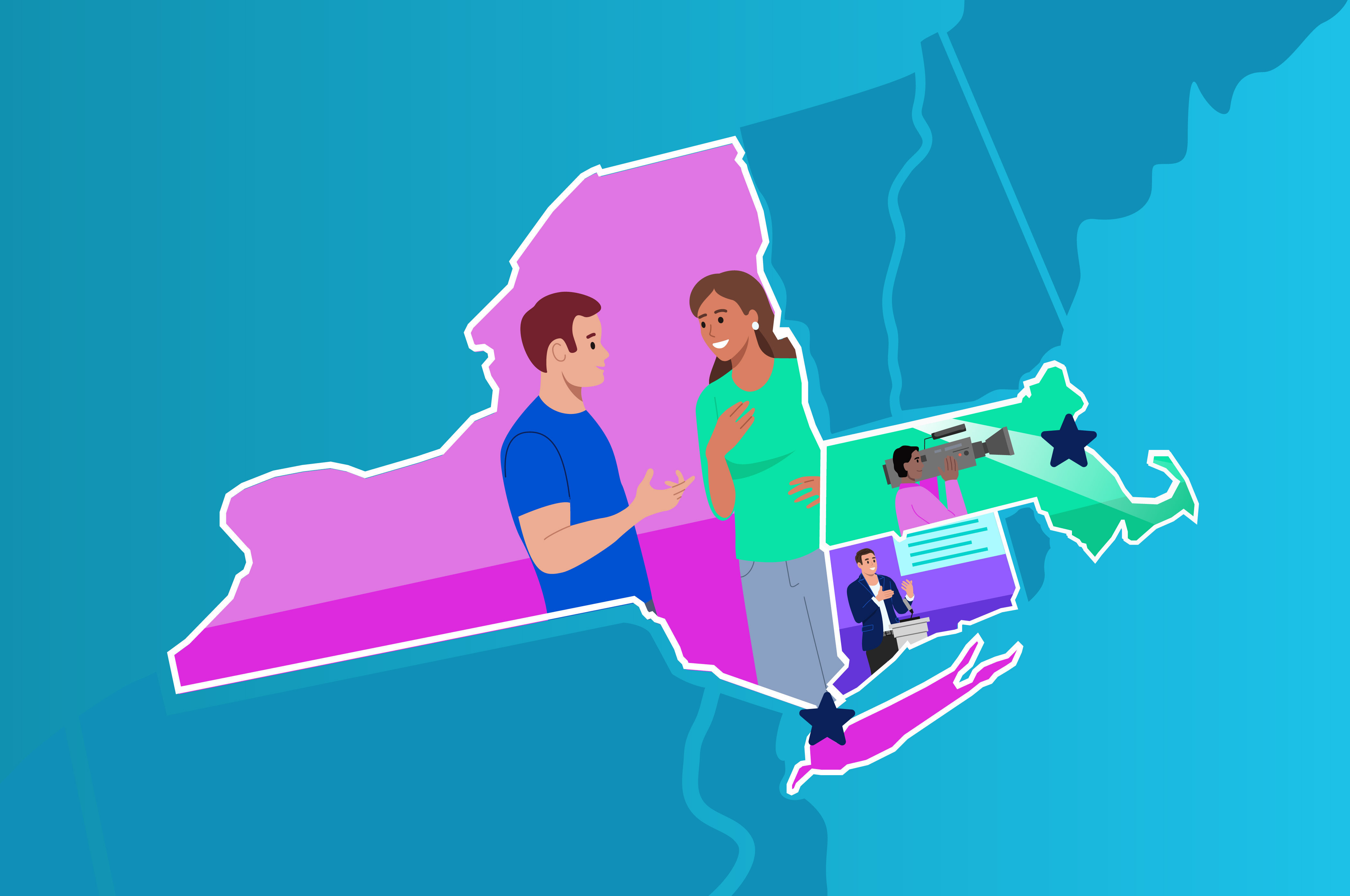 a map highlighting Connecticut, Boston, and New York City with two people discussing the next event