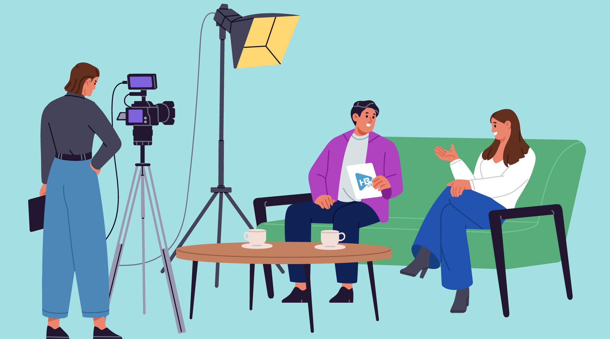 woman behind camera with a video marketing strategy recording to people sitting on a couch