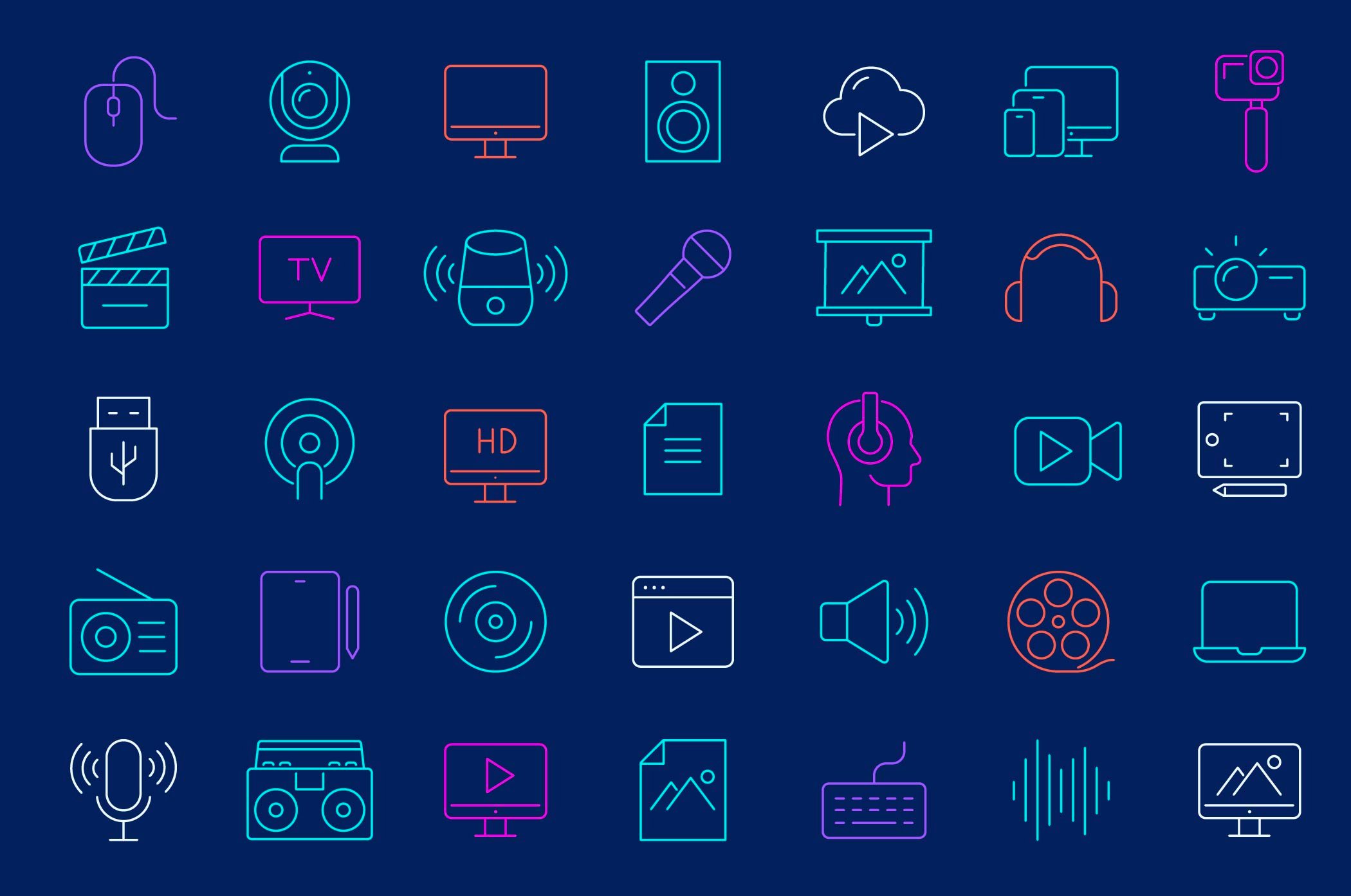 event technology icons with mics, speakers, live streaming, videos, tvs