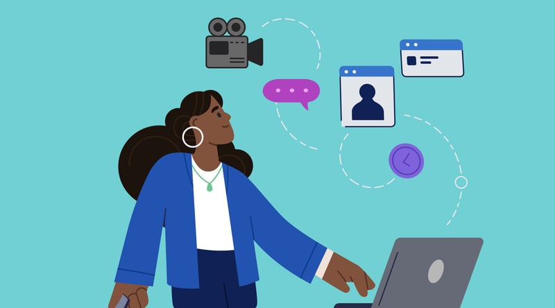 woman on a laptop with icons of camera, speech bubbles, and avatars